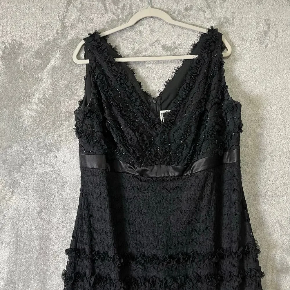 Tadashi Black Lace Dress Sleeveless V Neck Ruffle‎ Gothic Romantic Size 18 Fancy